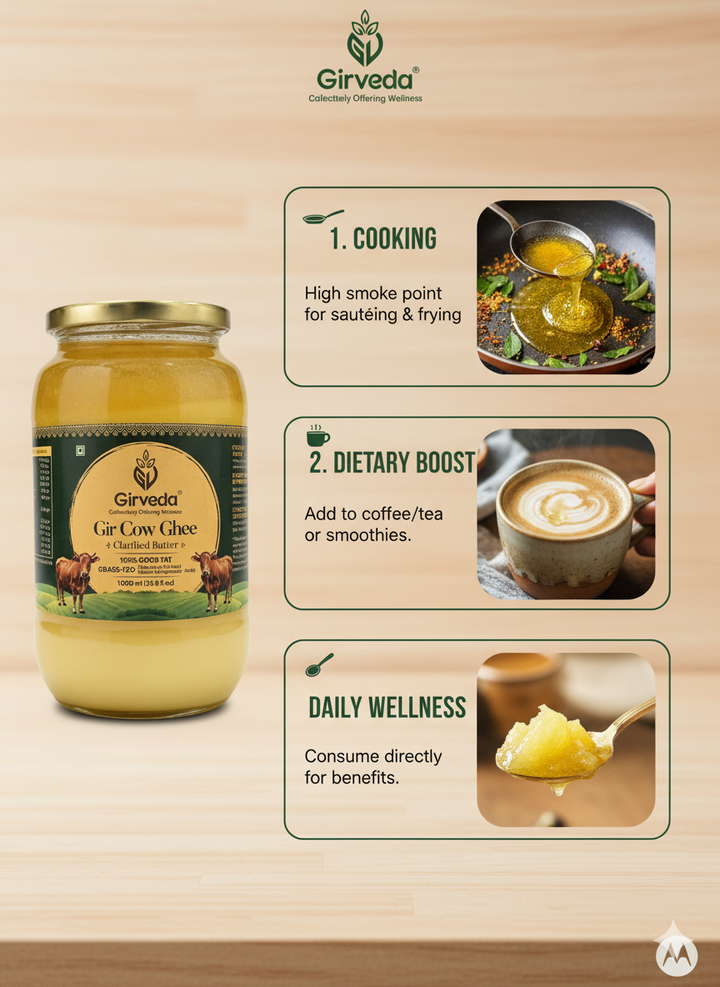 Girveda Gir Cow Ghee | 100% Grass-Fed, Clarified Butter | Handcrafted Traditional Bilona Ghee | 1000ml