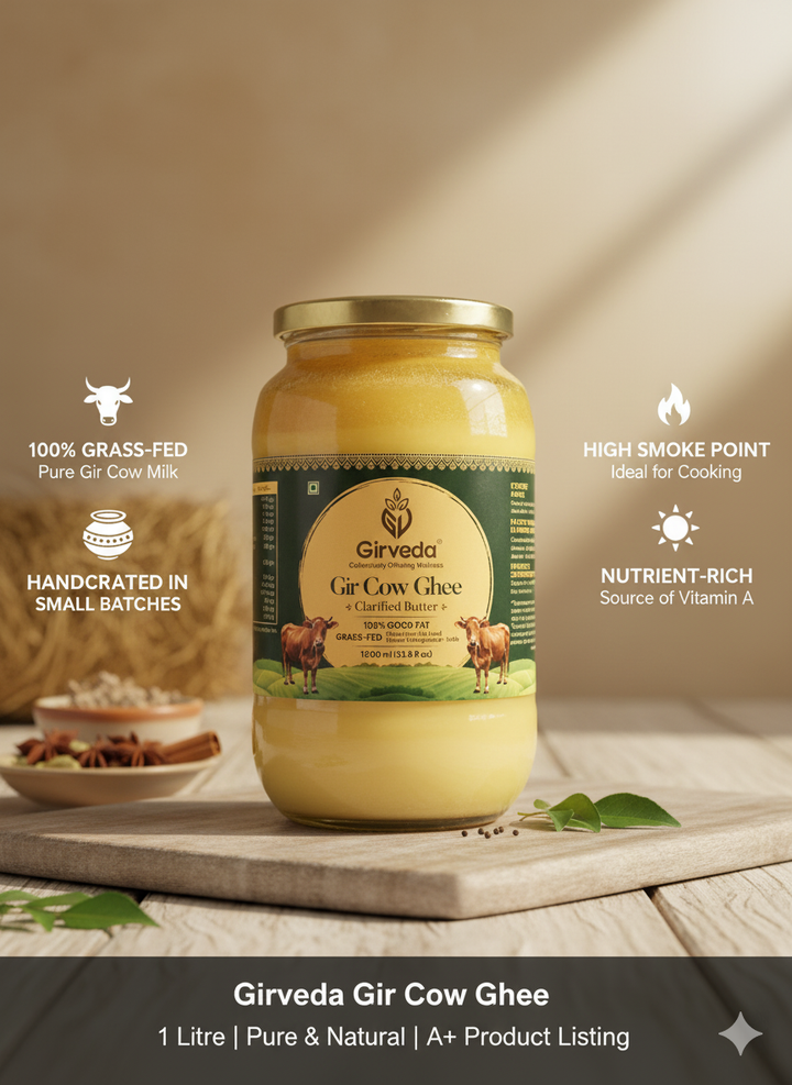 Girveda Gir Cow Ghee | 100% Grass-Fed, Clarified Butter | Handcrafted Traditional Bilona Ghee | 1000ml